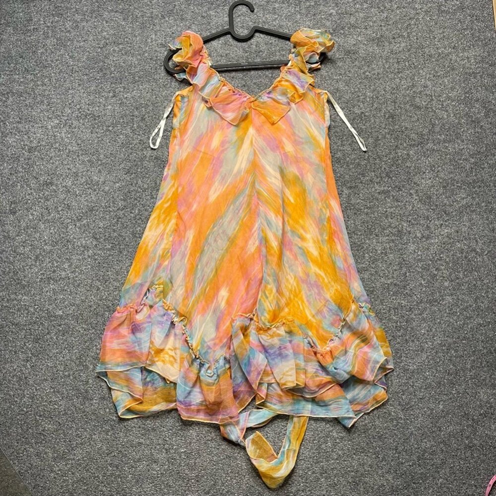 U & Me Womens A Line Dress Orange Abstract Short V Neck Sleeveless Ruffle M - Picture 3 of 7